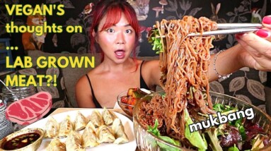 SPICY COLD NOODLES (naengmyeon) & DUMPLINGS MUKBANG (Vegan) 냉면 먹방